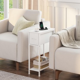 Vagusicc End Table Set of 2 with Charging Station, Narrow Side Table with Outlet, Skinny Nightstand with Fabric Drawer, Small Night Stand End Tables Living Room, Bedside Table for Bedroom Small Spaces