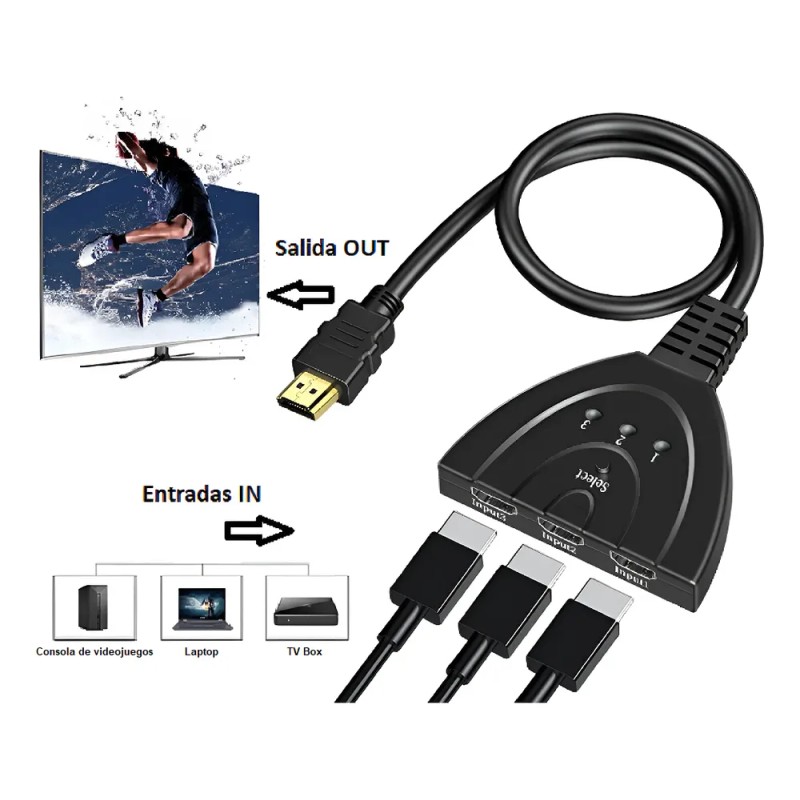 Apich Switch Selector 3 Puertos 1 Salida Hdmi 1080p 50cm