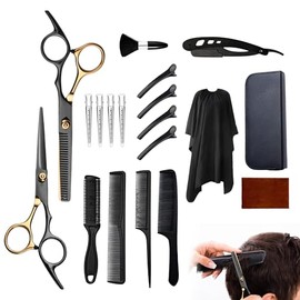 19 Piece Professional Hairdressing Scissors Kit Black Gold Stainless Steel Thinning Hair Cutting Tools Set with PVC Storage Bag for Home Salon Barber Use