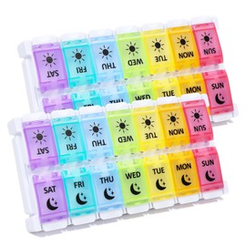 2 Pack Pill Organiser, Pill Box for Travel - Open & Fill Easily, 7 Day/Weekly Pill Organiser 2 Times a Day, Portable Pill Case Container with Large Capacity for Medication, Vitamin & Fish Oil, Rainbow