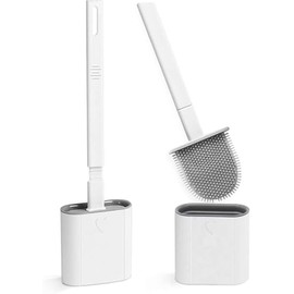 Silicone Toilet Brush with Holder – Deep Clean & Hygienic Design for Bathroom, Flexible Bristles for 360° Cleaning, Non-Scratch, Quick Drying, Wall-Mounted or Floor Standing (White)