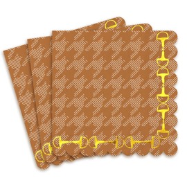 50Pcs Western Scalloped Cocktail Napkins Modern Brown Houndstooth Gold Foil Disposable Paper Napkin Horseshoe Buckle Beverage Napkin for Birthday Farm Party Tableware