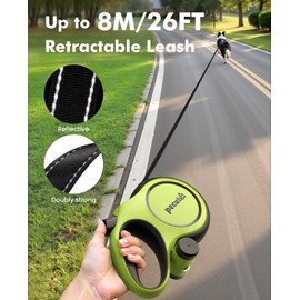Retractable Dog Leash for Large Dogs, 26ft Heavy Duty Retractable Dog Leash with Poop Bag Holder, Anti-Slip Soft Grip, Reflective Leashes for Medium Large Pets up to 110 lbs(Green)