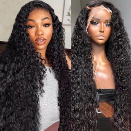 13x6 Deep Wave Lace Front Wigs Human Hair 200 Density HD Transparent Lace Front Wigs for Women 12A Deep Curly Wigs Human Hair Pre Plucked with Baby Hair Natural Black 30 Inch
