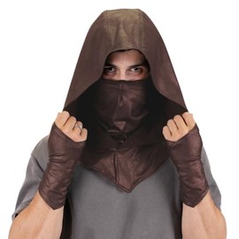 SIC HOODS Assassin Hood and Mask Leather Ninja Balaclava Adaptable Hoodie Casual Ren Faire Cosplay LARP Costume Cowl (Brown)