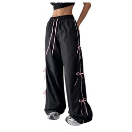 SOLY HUX Women's Parachute Pants Y2k Baggy Track Pants Bowknot Wide Leg Sweatpants Loose Casual Streetwear Black and Pink XS