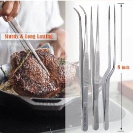 A2Z Fine Cooking Tweezers Set, Set of 3 Professional Stainless Steel Food Tongs, Kitchen Silver Long Chef Tongs for Cooking, Plating, Decorating and BBQ - Precision Serrated Tips (8")