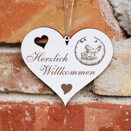 Herzlich Willkommen Sign, Chicken with Egg Basket, Decorative Heart Wooden Welcome Sign, Door Sign, Door Decoration