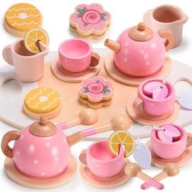 Geebiiny Toys for 2 3 4 5 Year Old Girls,Tea Set for Toddlers Wooden Kids Tea Set Gifts for 2 3 4 5 Year Olds Girls Toys Girls Birthday Presents Toddler Pretend Play Afternoon Tea Party Food Toys