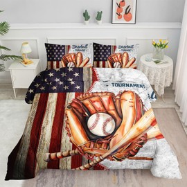 Smell Sunshine Kids Comforter Set American Flag Baseball Printed Pattern Bedding Set with 1 Comforter and 2 Pillowcases for Girls Boys Bedroom All Season(C-American Flag Baseball02 Twin)