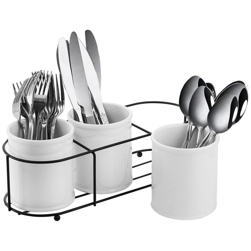 Bekith 3-Piece Ceramic Silverware Caddy with Metal Rack, Utensil Holder