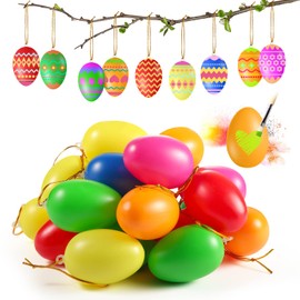 Easter Eggs for Hanging, Pack of 24 Colourful Plastic Eggs, Easter Decoration Made of Plastic with Rope, Crafts, 6 x 4 cm, Easter Eggs, Easter Decoration in Pastel Colours, Plastic Eggs for Hanging