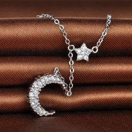 Infinite U 925 Sterling Silver Rhodium Plated Cubic Zirconia Star Crescent Moon Pendant Women Y-Necklace, Adjustable Chain