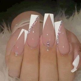 French Tip Press on Nails Ballerina Fake Nails with Glitter Gradient Rhinestones Design False Nails with Glue on Nails Acrylic Nails Decoration Stick on Nails for Women Girls 24Pcs