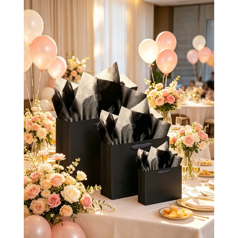 qiqee Black Gift Bags with Tissue Paper Mulit Assorted Sizes