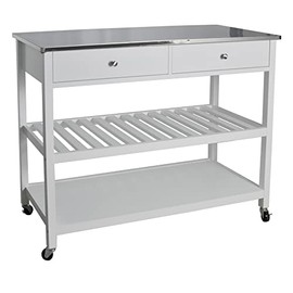 Redmon Mobile Kitchen Island with Two Large Open Shelves, Two Drawer, Stainless Steel Top, White