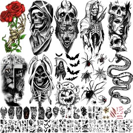 52 Sheets Black Halloween Temporary Tattoos for Kids Men Women, Include 10 Sheets Large Half Arm Sleeve Fake Tattoos, 200+ PCS Spider Snake Tiger Lion Skull Bat Vampire Scar Halloween Tattoos