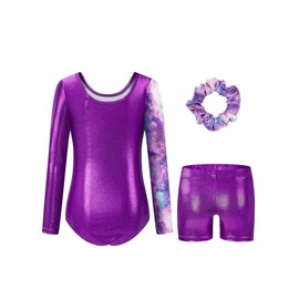 Gymnastics Leotards for Girls, Long Sleeve Sparkly Dance Biketards with Shorts Ballet Tumbling Outfit for 3-12 Years