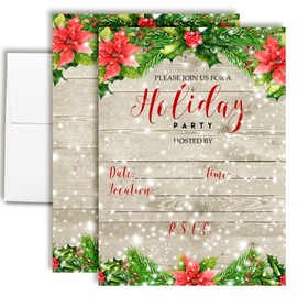 Amanda Creation Holiday Party Invitations with Envelopes – Winter Snow With Red Poinsettias, 4 Pack 5x7 Double Sided Fill-In Invite Cards with Four White Envelopes Perfect for Festive Parties