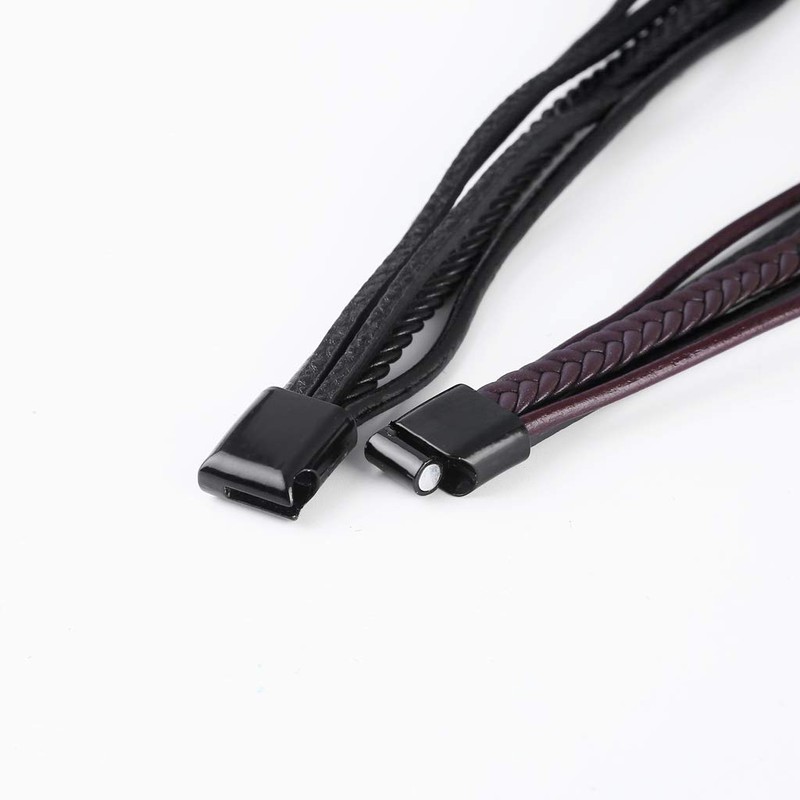 SEVENSTONE Mens Genuine Leather Bracelet Stainless Steel Mens Bracelet Braided