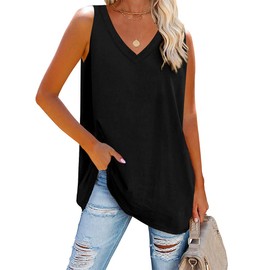 Fisoew Women V Neck Tank Tops Summer Loose Casual Basic Solid Color Sleeveless Shirts Tunic Tops Black