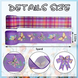 ALIBBON 2 Rolls 2.5" 5 Yd Butterfly Ribbon - Purple Buffalo Plaid Wired Spring Flower Burlap Ribbon for DIY Crafts Bows Making Gifts Wrapping Party Decoration