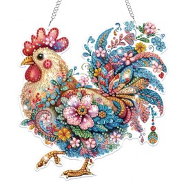 Bowetile Chicken Diamond Art Hanging Kits for Adults with Chain, 5D Special Shape Flowers Diamond Paingting Ornaments Kits, Easy Diy Crystal Suncatchers Pendant Gem Art for Home Garden Wall Decor
