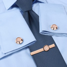 AMITER Initial Tie Clip and Cufflinks Set for Men, A-Z Letter Rose Gold Necktie Bar and Shirt Studs Cuff Links for Wedding, Anniversary, Birthday, Small, metal