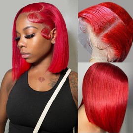 Munx 13X6 Bob Wig Wear and Go Glueless Wigs Real Human Hair 14" 180% Density Thick HD Transparent Lace Front Wigs Human Hair Pre Plucked with Baby Hair Red Colored Hair 14"