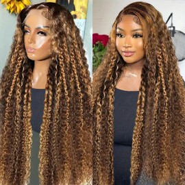 30inch Ombre Highlight Lace Front Wig Human Hair 4/27 Highlighted Curly Lace Front Wigs Human Hair 13x6 Deep Wave Wigs Human Hair for Women 180% Density Glueless Wigs Human Hair Pre Plucked