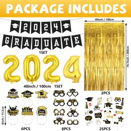 101 pcs Graduation Party Decorations Black and Gold Class of 2024 Graduation Party Supplies Include Grad Backdrop, Banner, Porch Sign, Balloons, Foil Number 2024 for Congrats Grad Party Supplies
