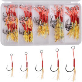 60pcs Assist Jig Fishing Hooks Kit Saltwater Jig Hooks Strong Line Assist Hook Carbon Steel Circle Hooks Fishing Jigging Lures Hooks (60pcs Assist Hook Yellow Feather)