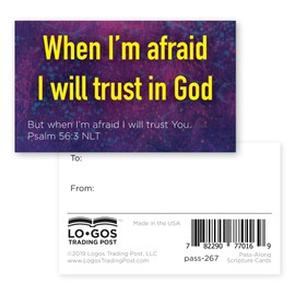 When I'm Afraid I Trust in God, Psalm 56:3, Bulk Pack of 25 Christian Affirmation Scripture Cards for Kids, Bible Memory Verse Wallet Cards for Childrens Church, Sunday School, & Youth Ministry
