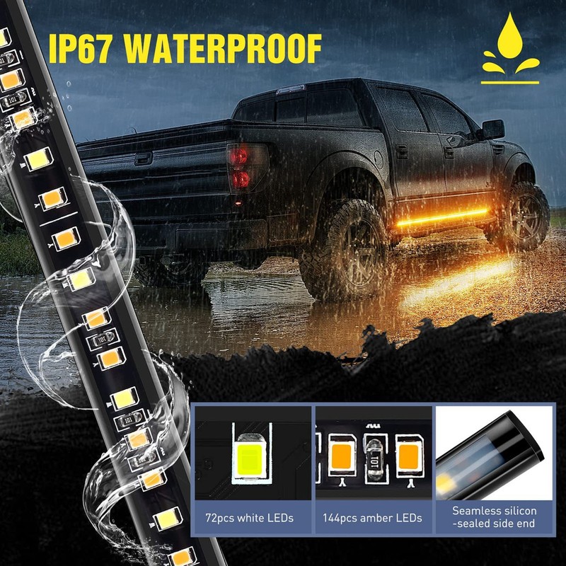 2pcs Running Board LED Lights 800LM White Amber 12V to
