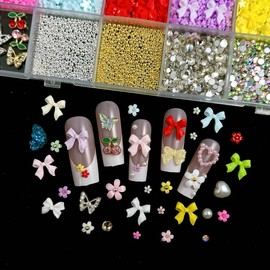 3D Colorful Flower Nail Charms, Resin Flatback Pearl Bow Nail Charms and Gems, Metal Alloy Cherry Butterfly Nail Art Charms, Gold Silver Caviar Beads Nail Rhinestones and Charms Tweezers Pickup Pencil