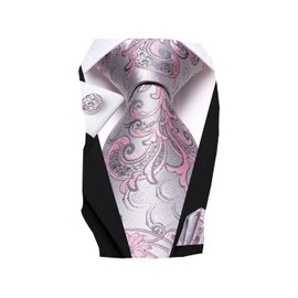 Hi-Tie Men's Tie Sets Silk Formal Striped Necktie and Pocket Square Cufflinks Wedding Business,Pink Gray