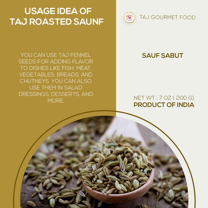 TAJ Roasted Fennel Seeds, Roasted Saunf, 7oz (200g)