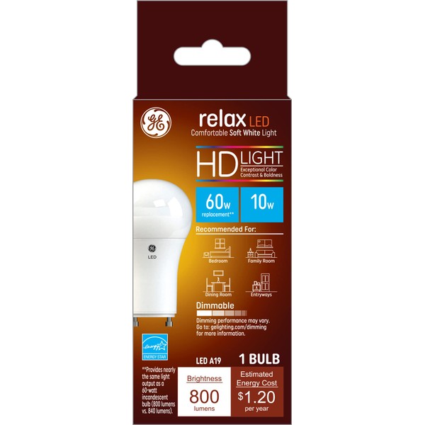 GE Lighting Relax LED Light Bulb, 10 Watts (60 Watt Equivalent) Soft White HD Light, Plug-In GU24 Base, Dimmable (1 Pack)