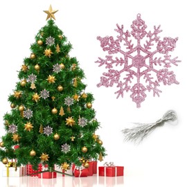 Mualady 12PCS 10cm Glitter Snowflake Hanging Decorations, White Christmas Tree Decorations with Lanyard, Plastic White Snowflake Ornaments for Birthday Party (Pink)