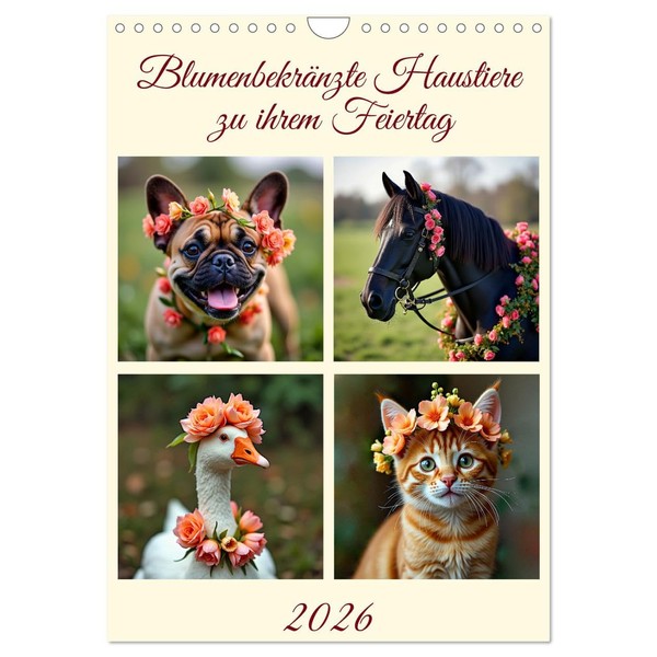 Pets decorated with flowers for their holiday, US-Version (Wall Calendar