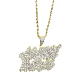 Hip Hop Cursive Letter Hustle Hard Pendant Necklaces for Men Women, Brass, Cubic Zirconia