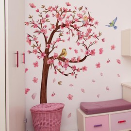 3D Flower Tree Wall Decals Peel and Stick Large Cherry Blossom Stickers for Wall in Heart Shape with Birds Removable Wall Stickers & Murals for Living Room Bedroom Girl Nursery Classroom Home Decor