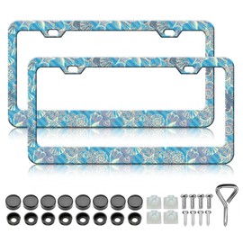 HCSS 2PCS Sea Shell Beach Starfish Coral License Plate Frames,Blue Aluminum Metal License Plate Holder,Rust-Proof Waterproof Car Decorative Tag Frames for Standard US 12x6 Inch