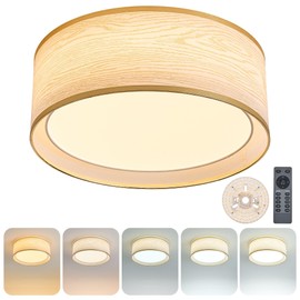 NAVOHEVEN 16" Modern LED Dimmable Flush Mount Ceiling Light with Color Temperature Adjustment, Fabric & Rattan Double Drum Shade Boho Ceiling Light Fixture for Bedroom Living Dining Room, Rippled Wood