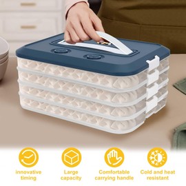 Yallmie 4 Layer Dumpling Storage Box, Dumpling Organizer with Lid And Handle Freezer Storage Boxes, Cookie Storage Container with 2 Timer Fridge Food Organisers for Vegetable Meat Fish Food (Blue)