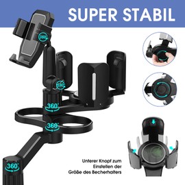 Laetass Becherhalter für Auto 360°Rotation einstellbare Basis Breite Becherhalter Expander mit Dual Cup Holder, Telefonhalter, abnehmbare Instant Nudel CupHolder-Aschenbecher, Auto Travel Essentials