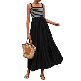 BTFBM Summer Midi Dresses for Women 2025 Spring Sleeveless Square Neck Smocked Flowy Long Beach Vacation Sundress Pocket(Black, XX-Large)