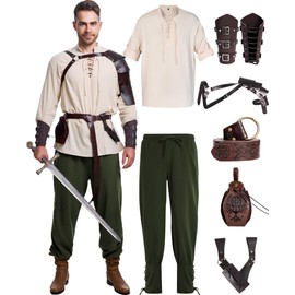8 Pcs Renaissance Costume for Men Medieval Pirate Shirt Pant with Viking Belt Bracer Bag Scabbard and Shoulder Armor (Stylish Color, X-Large)