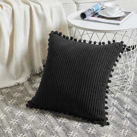 Fancy Homi Pack of 2 Black Decorative Throw Pillow Covers with Pom-poms, Soft Corduroy Solid Square Cushion Cases Set for Couch Sofa Bedroom Car Living Room (18x18 Inch/45x45 cm, Black)