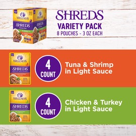 Wellness Healthy Indulgence Shreds Adult Wet Cat Food, Natural, Protein-Rich, Grain Free, 3 Ounce Pouch, 8 Pack, (Shreds Variety Pack)